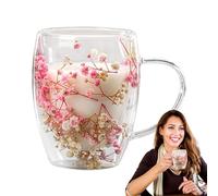 Dried Flowers Glass Coffee Mug, Dry Flowers Double Walled Coffee Mugs, Dry Flowers Double Wall Glass Cup, Dried Flowers Glass Mugs, Decorative Flowers Insulated Espresso Cup Du al Layered, Pink