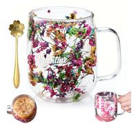 Dried Flowers Glass Mug, 15.2oz Double Wall Insulated Coffee Cup with Real Flowers Inside | Aesthetic Borosilicate Glass Tea Mug with Spoon | Unique Birthday Christmas Gifts for Women, Mom, Her