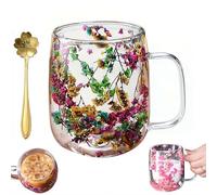 Dried Flowers Glass Mug, 15.2oz Double Wall Insulated Coffee Cup with Real Flowers Inside | Aesthetic Borosilicate Glass Tea Mug with Spoon | Unique Birthday Christmas Gifts for Women, Mom, Her