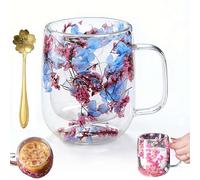 Dried Flowers Glass Mug, 15.2oz Double Wall Insulated Coffee Cup with Real Flowers Inside | Aesthetic Borosilicate Glass Tea Mug with Spoon | Unique Birthday Christmas Gifts for Women, Mom, Her