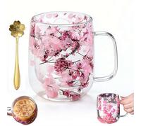 Dried Flowers Glass Mug, 15.2oz Double Wall Insulated Coffee Cup with Real Flowers Inside | Aesthetic Borosilicate Glass Tea Mug with Spoon | Unique Birthday Christmas Gifts for Women, Mom, Her