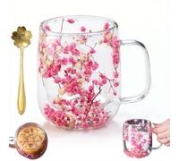 Dried Flowers Insulated Glass Double Wall Coffee Mug with Handle 450ml Transparent Double Glases Flower Tea Cup Latte Coffee Cup Valentine's Day Gifts