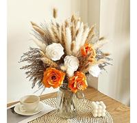 Dried Pampas Grass Bouquet with Orange and White Artificial Roses, Rustic Boho Floral Arrangement, 43 cm, for Home Decor and Wedding Centrepieces (Amber Bloom)