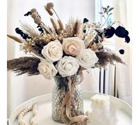 Dried Pampas Grass Bouquet with Orange and White Artificial Roses, Rustic Boho Floral Arrangement in Glass Vase, 17 Inch, for Home Decor, Wedding Centerpieces(No Vase Included)