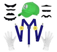 Driflo Luigi Costume, Luigi Clothing, Cosplay Costume Accessories Kits for Adult Kids, 13Pcs with Hats Cap, Mustaches, White Gloves Anime Cosplay Costume for Women Men