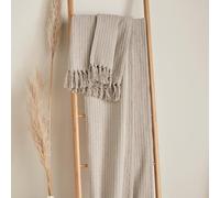 Drift Home Woven Stripe Throw Blanket 200 x 200cm - 100% Recycled Cotton Natural Throw with Tassels, Textured Sofa or Bed Throw