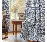 DriftAway Julia 100% Blackout Linen Curtains for Bedroom Navy Floral Watercolor Pattern Double Layer Thermal Insulated Sound Reducing Drapes for Living Room Grommet 2 Panels Each W52 x L84 Linen Navy