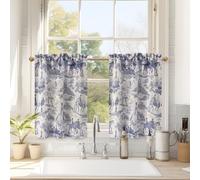 DriftAway Kitchen Curtains Toile Tier Linen Short Curtains Cafe 24 Inch Length for Living Room Bathroom Farmhouse French Country Vintage Printed Pattern Rod Pocket 2 Panels Navy