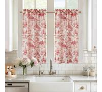 DriftAway Kitchen Curtains Toile Tier Linen Short Curtains Cafe 45 Inch Length for Living Room Bathroom Farmhouse French Country Vintage Printed Pattern Rod Pocket 2 Panels Red