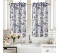 DriftAway Kitchen Curtains Toile Tier Linen Short Curtains Cafe 45 Inch Length for Living Room Bathroom Farmhouse French Country Vintage Printed Pattern Rod Pocket 2 Panels Navy
