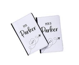Drifting Ducks Personalised Pair of Faux Leather Passport Holders Gift | Mr & Mrs Travel Document Wallets | Custom Printed with Married Name & Initials