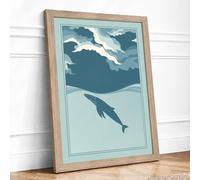 Drifting Whale Coastal Framed Wall Art Print A2 (59.4×42cm) Oak, Wall Decor for Living Room, Bedroom, Office & Home, Ready to Hang, Art Gift