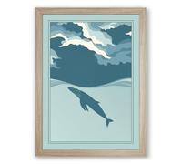 Drifting Whale Coastal Framed Wall Art Print A4 (29.7×21cm) Oak, Wall Decor for Living Room, Bedroom, Office & Home, Ready to Hang, Art Gift
