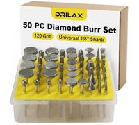 Drilax 50 Pieces Professional Quality Diamond Drill Bit Burr Set Grit 120 Seaglass Rocks Ceramics Glass Porcelain Jewelry Making Lapidary Engraving Fits Rotary Tools 1/8 Inch Shank Storage Case 50
