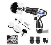 Drill Brush Set Cleaning Tools and Cordless Drill Tool Set - includes Cordless Drill, 2X 1.5Ah Batteries, 10pcs Drill Attachments, Charger, 5pcs Drill Brush Heads and 1 Extension Pole Attachment