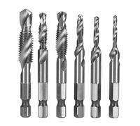 Drill Tap Kit 6Pcs High Speed Steel Spiral Flute Hex Shank Drill Tap Bit Set for Drilling Tapping Chamfering Metal Wood DIY Projects (Original Color)