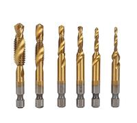 Drill Tap Kit 6Pcs High Speed Steel Spiral Flute Hex Shank Drill Tap Bit Set for Drilling Tapping Chamfering Metal Wood DIY Projects (Ti Plated)