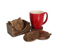 Drink Coaster Set of 6 Handcrafted Wooden for Tea Coffee Beer Glass Dining Owl Design Tabletop Home Decor Kitchen Accessories