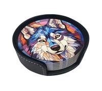 Drink Coaster Set of 6, Siberian Husky Dog Mom Lover Gift,Leather Drink Coasters with Holder,6 Pack Cup/Bar/Drink Coasters for Table/Drinks/Coffee Protection Housewarming Gift