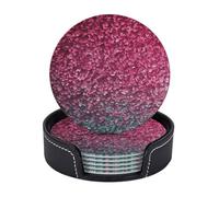 Drink Coasters 6 Pcs Leather Coasters with Holder 3D Pink Glitter Coasters for Drinks Heat-Resistant Mug Mats Round Coffee Cup Pads Non-Slip Coasters for Coffee Table Kitchen Bar Decor