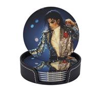 Drink Coasters 6 PCS Round Leather Coaster Michael Jackson Coasters for Drinks Non-Slip Mugs Pads with Holder Personalized Cups Pad Mat for Coffee Table Kitchen 10 CM