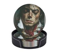 Drink Coasters 6 PCS Round Leather Coaster Michael Jackson Coasters for Drinks Non-Slip Mugs Pads with Holder Personalized Cups Pad Mat for Coffee Table Kitchen 10 CM