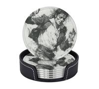 Drink Coasters 6 PCS Round Leather Coaster Michael Jackson Coasters for Drinks Non-Slip Mugs Pads with Holder Personalized Cups Pad Mat for Coffee Table Kitchen 10 CM