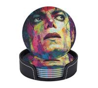 Drink Coasters 6 PCS Round Leather Coaster Michael Jackson Coasters for Drinks Non-Slip Mugs Pads with Holder Personalized Cups Pad Mat for Coffee Table Kitchen 10 CM