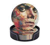 Drink Coasters 6 PCS Round Leather Coaster Michael Jackson Coasters for Drinks Non-Slip Mugs Pads with Holder Personalized Cups Pad Mat for Coffee Table Kitchen 10 CM