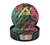 Drink Coasters 6 PCS Round Leather Coaster Michael Jackson Coasters for Drinks Non-Slip Mugs Pads with Holder Personalized Cups Pad Mat for Coffee Table Kitchen 10 CM