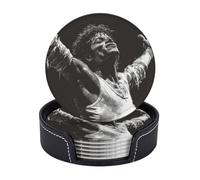 Drink Coasters 6 PCS Round Leather Coaster Michael Jackson Coasters for Drinks Non-Slip Mugs Pads with Holder Personalized Cups Pad Mat for Coffee Table Kitchen 10 CM