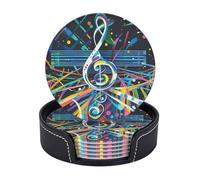 Drink Coasters 6Pcs Round Leather Coaster with Holder Abstract Music Themed Coasters for Drinks Coffee Cup Mat Heat Resistant Coaster for Tabletop Protection Desk Accessories Office Home Decor