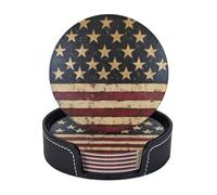 Drink Coasters 6Pcs Round Leather Coaster with Holder American Flag Stars Stripes Coasters for Drinks Coffee Cup Mat Heat Resistant Coaster for Tabletop Protection Desk Accessories Office Home Decor