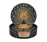 Drink Coasters 6Pcs Round Leather Coaster with Holder Colored peacock Coasters for Drinks Coffee Cup Mat Heat Resistant Coaster for Tabletop Protection Desk Accessories Office Home Decor