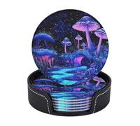 Drink Coasters 6Pcs Round Leather Coaster with Holder Glow in The Dark Coasters for Drinks Coffee Cup Mat Heat Resistant Coaster for Tabletop Protection Desk Accessories Office Home Decor