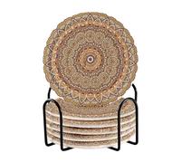 Drink Coasters Brown Ethnic Mandala Coasters Set of 6 with Holder Round Absorbent Cup Mats for Bar Coffee Tabletop Protection