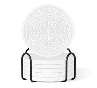 Drink Coasters, Coasters Set of 6 for Cup with Holder, Non-Slip Silicone Cup Mats for Hot and Cold Drinks, Cute Absorbent Coffee Bar Accessories Table Decor, White