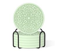 Drink Coasters, Coasters Set of 6 for Cup with Holder, Non-Slip Silicone Cup Mats for Hot and Cold Drinks, Cute Absorbent Coffee Bar Accessories Table Decor, Tender Green