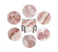 Drink Coasters for Drinks Set of 6, Abstract White Pink Gold Marble Absorbent Round Ceramic Stone Mat Coaster, with Cork Base and Metal Holder, Home Bar Decor House Warming Gift