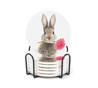 Drink Coasters for Drinks Set of 6, Easter Cute Bunny with Daisy Absorbent Round Ceramic Stone Mat Coaster, with Cork Base and Metal Holder, Home Bar Decor House Warming Gift