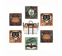 Drink Coasters for Drinks Set of 6, Green Black Vintage Halloween Absorbent Square Ceramic Stone Mat Coaster, with Cork Base and Metal Holder, Home Bar Decor House Warming Gift