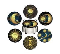 Drink Coasters for Drinks Set of 6, Mystic Golden Sun and Moon Absorbent Round Ceramic Stone Mat Coaster, with Cork Base and Metal Holder, Home Bar Decor House Warming Gift