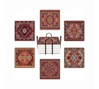 Drink Coasters for Drinks Set of 6, Red Tribal Geometric Pattern Absorbent Square Ceramic Stone Mat Coaster, with Cork Base and Metal Holder, Home Bar Decor House Warming Gift