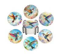 Drink Coasters for Drinks Set of 6, Spring Hummingbird and Floral Blossom Absorbent Round Ceramic Stone Mat Coaster, with Cork Base and Metal Holder, Home Bar Decor House Warming Gift
