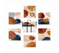 Drink Coasters for Drinks Set of 6, Terracotta Navy Orange and Gold Abstract Modern Art Absorbent Square Ceramic Stone Mat Coaster, with Cork Base and Metal Holder, Home Bar Decor House Warming Gift