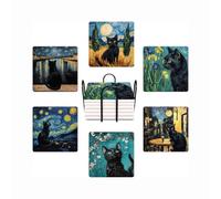 Drink Coasters for Drinks Set of 6, Van Gogh Art and Black Cat Absorbent Square Ceramic Stone Mat Coaster, with Cork Base and Metal Holder, Home Bar Decor House Warming Gift