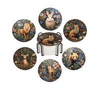 Drink Coasters for Drinks Set of 6, Vintage Botanical Floral Wild Animals Absorbent Round Ceramic Stone Mat Coaster, with Cork Base and Metal Holder, Home Bar Decor House Warming Gift