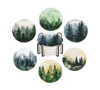 Drink Coasters for Drinks Set of 6, Watercolor Landscape Pine Forest Absorbent Round Ceramic Stone Mat Coaster, with Cork Base and Metal Holder, Home Bar Decor House Warming Gift
