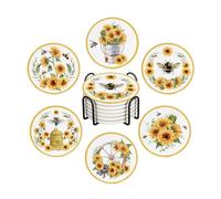 Drink Coasters for Drinks Set of 6, Watercolor Sunflower Cute Bee Absorbent Round Ceramic Stone Mat, with Cork Base and Metal Holder, Home Bar Decor House Warming Gift