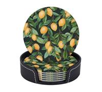 Drink Coasters Heat Resistant Leather Coaster Set of 6 for Drink Lemon and Leaves Coffee Cup Mat Round Tabletop Protection Pad with Holder 4"